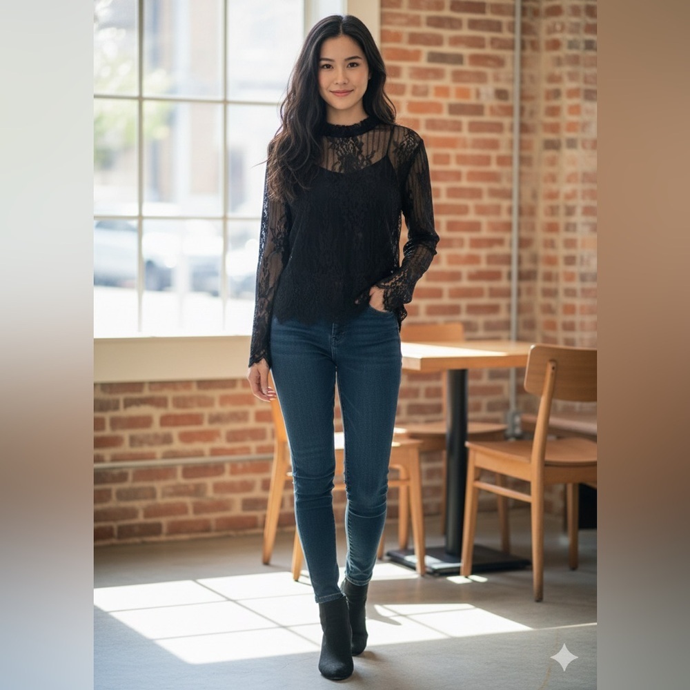 Forever 21 Sheer Black Floral Lace Mock Neck Top Long Sleeve Size 1X (US-XL)